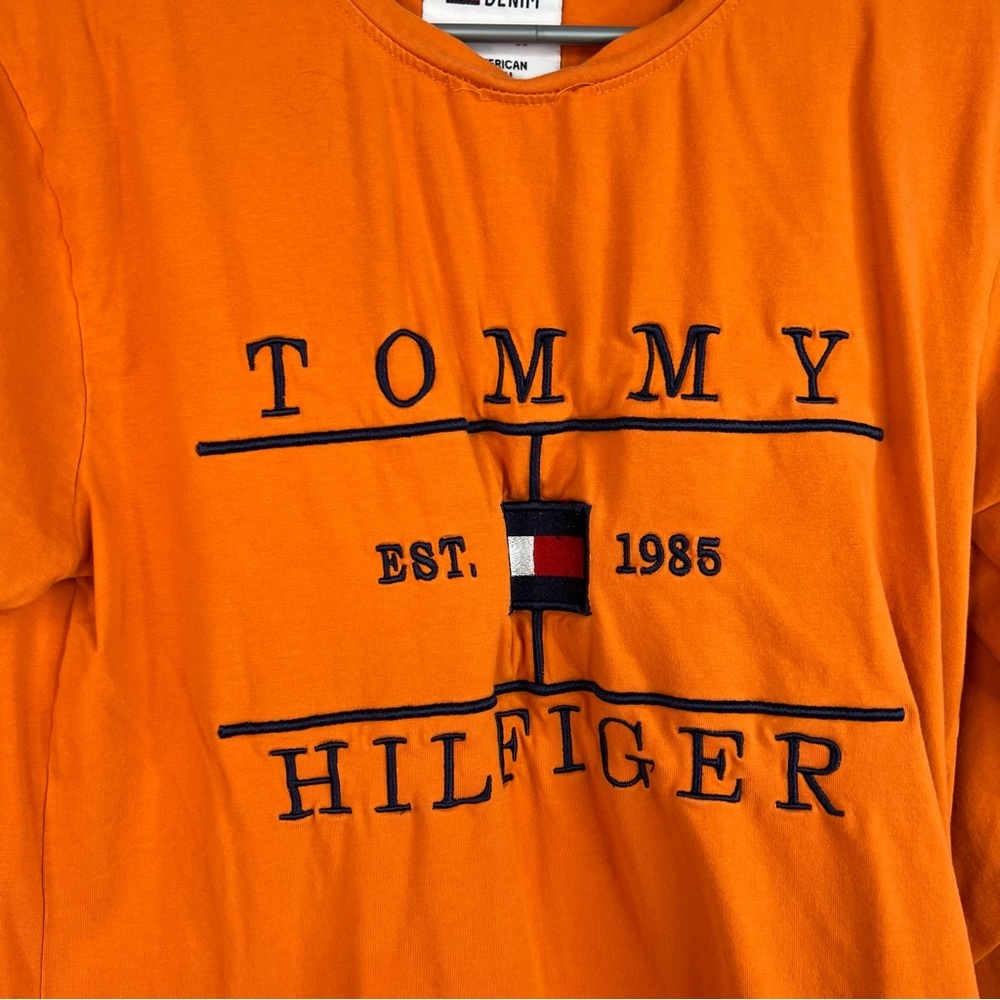 Tommy Hilfiger long sleeve embroidered front Vibrant Orange Graphic Tee - Picture 5 of 11